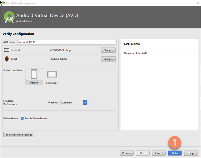 Android AVD Manager - Verirfy Configuration page